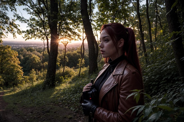 Mujer con una chaqueta de cuero roja de pie en el bosque