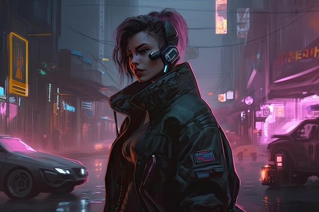 Una mujer con una chaqueta con un logo cyberpunk en el frente.