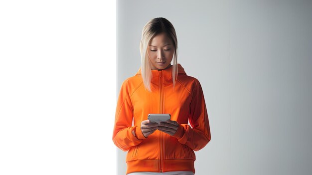 una mujer con una chaqueta naranja está enviando mensajes de texto en un teléfono