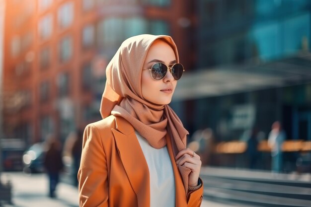 Una mujer con chaqueta naranja y gafas de sol camina por la calle.