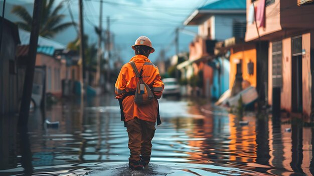 Una mujer con una chaqueta naranja y un sombrero duro camina por una calle inundada