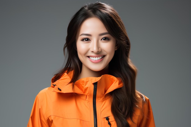 Una mujer con una chaqueta naranja sonriendo para una foto con un fondo gris y un fondo gris behin