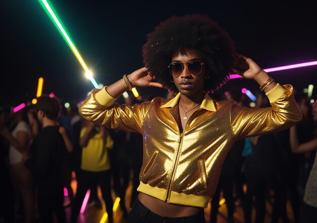 Foto una mujer con una chaqueta de oro y gafas de sol posando para una foto en una fiesta con luces de neón en la parte de atrás