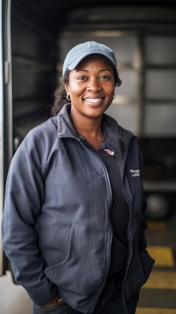 Foto una mujer con una chaqueta que dice que está sonriendo