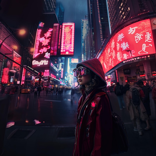 una mujer con una chaqueta roja está caminando por una calle con un letrero de neón que dice chino en él