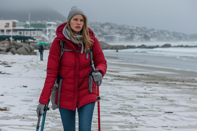 una mujer con una chaqueta roja está caminando por la playa