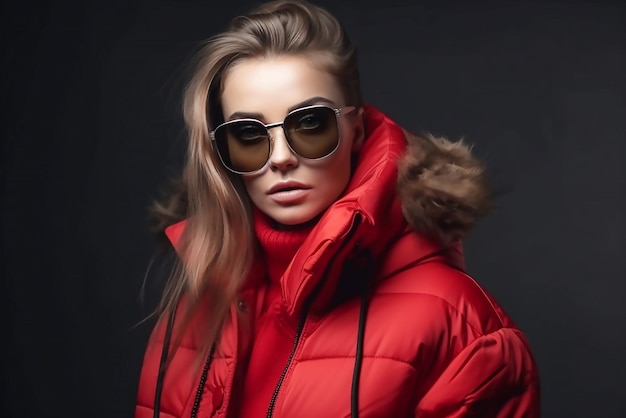 Una mujer con una chaqueta roja y gafas de sol se para frente a un fondo oscuro.