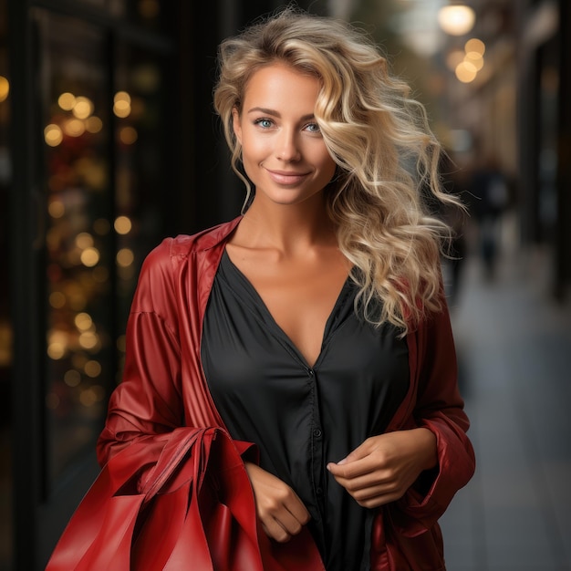 una mujer con una chaqueta roja lleva una chaqueta roja.