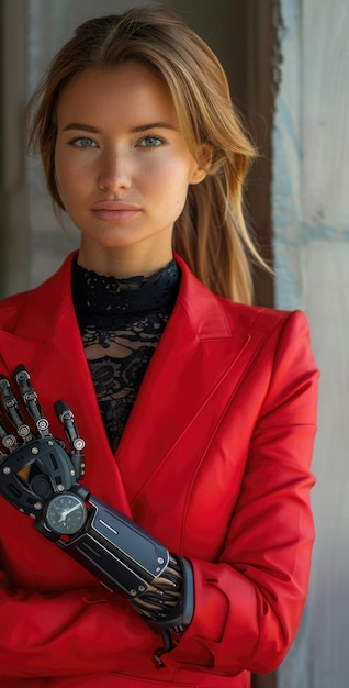 Mujer con chaqueta roja con mano robótica