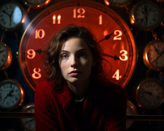 una mujer con una chaqueta roja mirando una pared de relojes