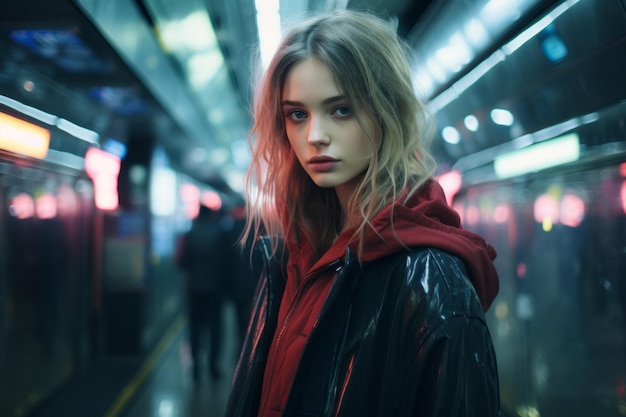una mujer con una chaqueta roja parada en una estación de metro vacía