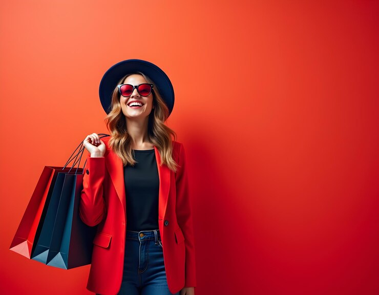 una mujer con una chaqueta roja sosteniendo una bolsa de compras y usando una chaquette roja
