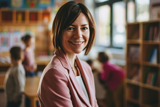 Una mujer con una chaqueta rosa sonriendo a la cámara AI generativa