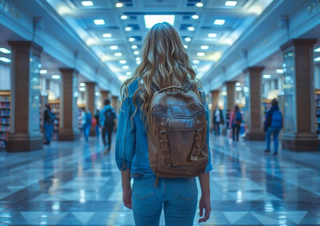 Una mujer con una chaqueta de vaqueros y una mochila marrón se encuentra en un gran edificio vacío. La escena se desarrolla en una biblioteca o un espacio público similar.