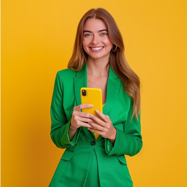 una mujer con una chaqueta verde sonríe con un teléfono amarillo