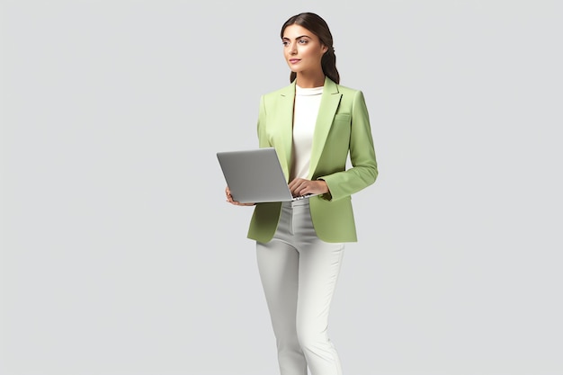 Una mujer con una chaqueta verde sostiene una computadora portátil