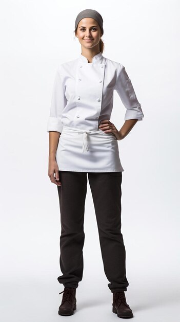 una mujer chef está de pie frente a un fondo blanco
