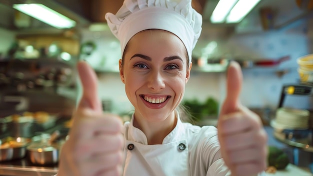 Foto mujer chef feliz mostrando los pulgares hacia arriba cocinando gesto positivo y concepto de comida