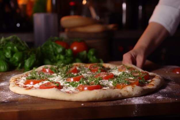 Foto la mujer chef haciendo una pizza en la parte superior de la mesa de madera