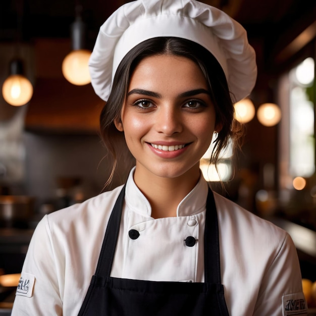 La mujer chef sonriendo.