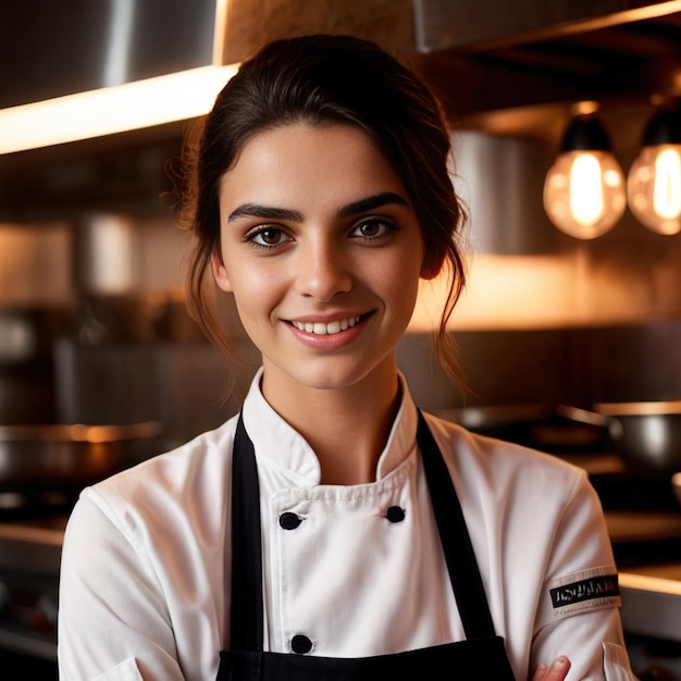 La mujer chef sonriendo.