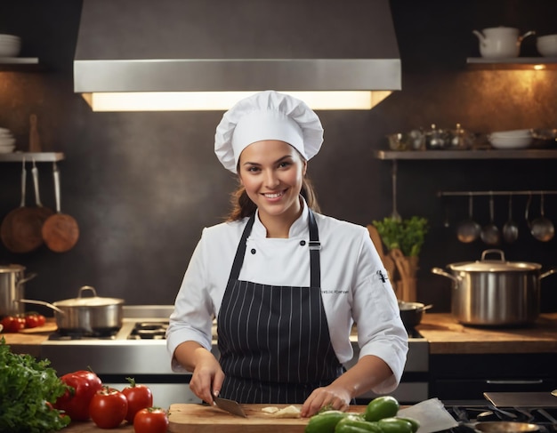 Mujer chef sonriente en la cocina