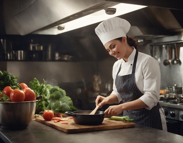 Mujer chef sonriente en la cocina