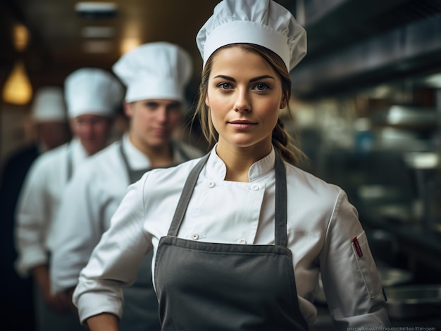 Mujer chef con uniforme blanco en la cocina del restaurante