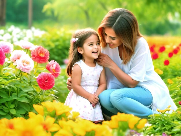 una mujer y una chica en un campo de flores con una mujer en un vestido blanco