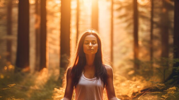 Mujer chica feliz sonriente blanco caucásico haciendo deportes y yoga al aire libre en el bosque uniéndose con n