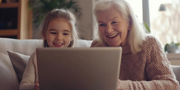 Mujer y chica joven en el sofá con computadora portátil