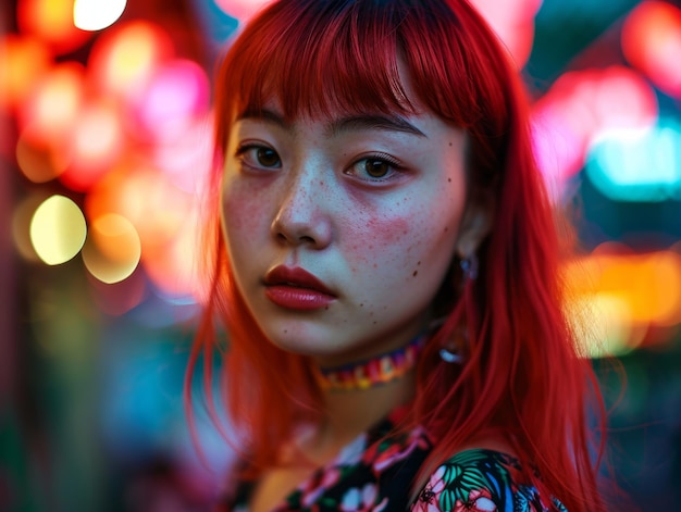 Mujer china adolescente fotorrealista con ilustración vintage de pelo lacio rojo
