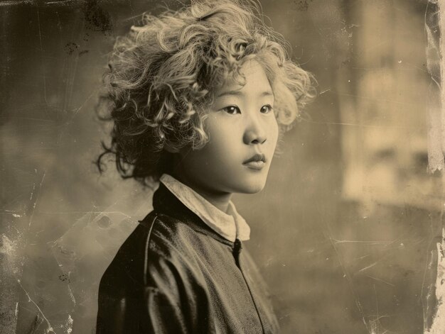 Mujer china adolescente fotorrealista con ilustración vintage de pelo rizado rubio