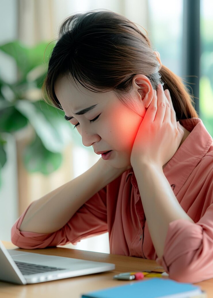 Mujer china aliviando el dolor de cuello en el escritorio con masaje relajación y comodidad en colores suaves