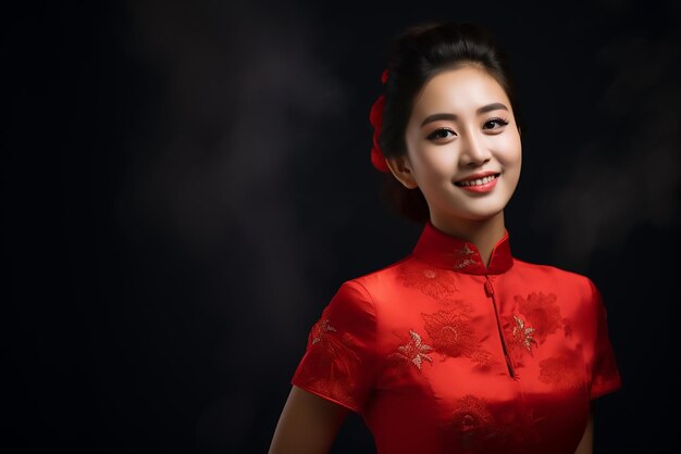 Foto una mujer china con un cheongsam rojo sonrisa graciosa fondo oscuro fotografía de contraste de color