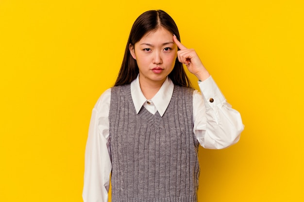 Mujer China joven aislada sobre fondo amarillo señalando el templo con el dedo, pensando, se centró en una tarea.