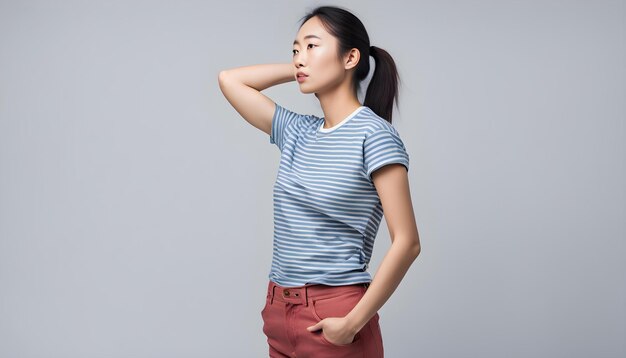Foto mujer china joven con camiseta a rayas y camiseta de vaqueros sobre un fondo blanco aislado