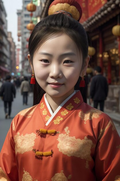 Mujer china joven con trajes tradicionales celebrando el Año Nuevo Chino en la calle