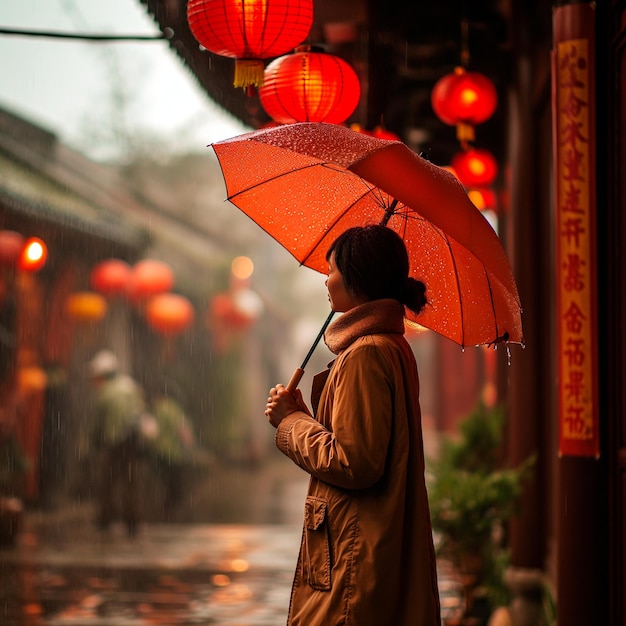 mujer china con paraguas celebrando el año nuevo chino