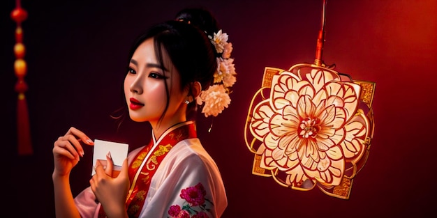 Mujer china con tarjetas de felicitación para el año nuevo