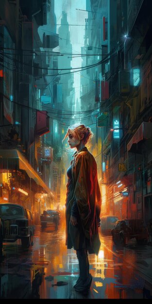 Mujer ChromeClad pasea por el paisaje urbano ciberpunk IA generativa