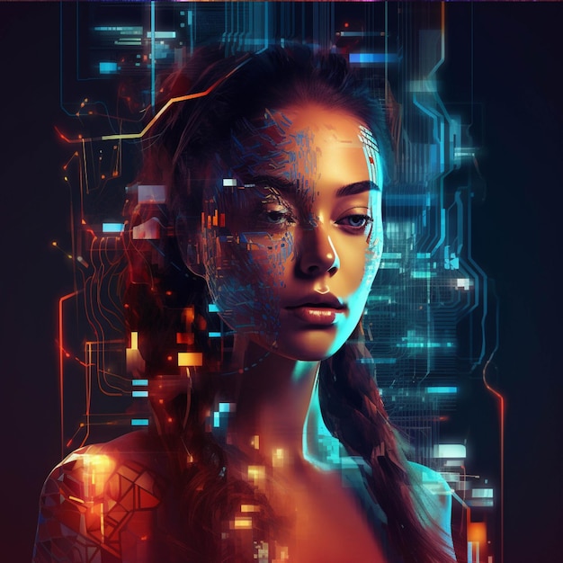 Mujer cibernética futurista Retrato de arte digital de una hermosa niña