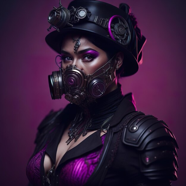 Mujer ciberpunk con traje futurista y máscara con ropa morada en estudio fotográfico