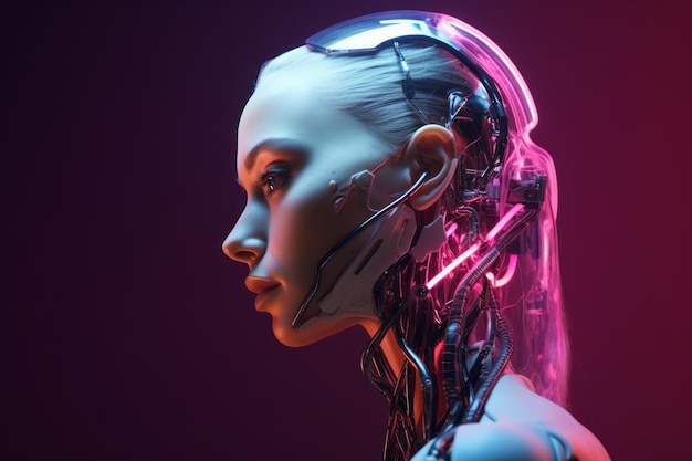 Mujer ciborg futurista con luces de neón