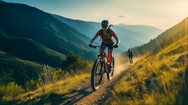 Mujer ciclista de montaña montando en bicicleta en la montaña de verano.