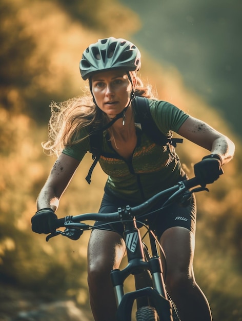 Mujer ciclista de montaña en ropa deportiva y casco montando en terreno accidentado