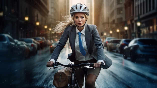 mujer ciclista en traje montando una bicicleta frente al horizonte de la ciudad