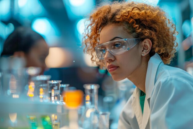 Una mujer científica confiada trabaja cuidadosamente con equipos de laboratorio en un laboratorio moderno