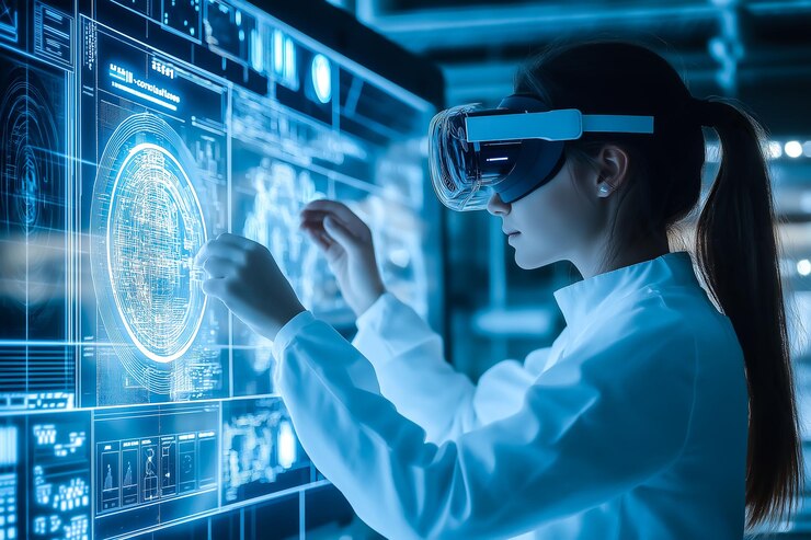 Una mujer científica lleva gafas de realidad virtual con una pantalla holográfica alrededor de su IA generativa