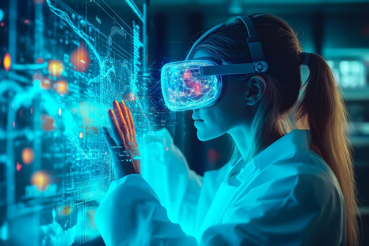 Una mujer científica lleva gafas de realidad virtual con una pantalla holográfica alrededor de su IA generativa